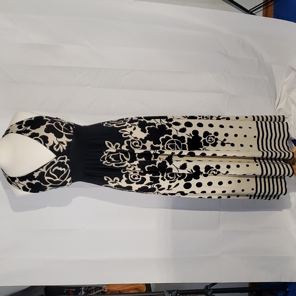 Large floral striped polka dot cream/tan and black halter maxi dress made in USA